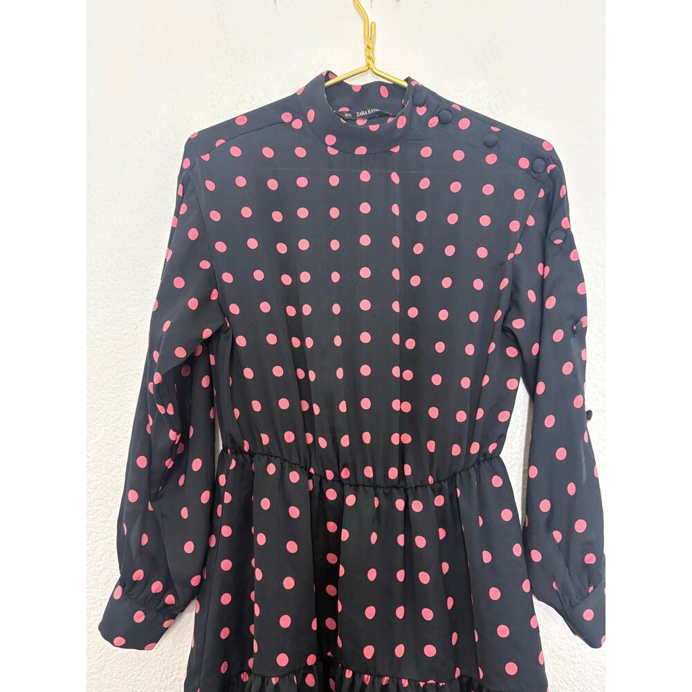 Zara Black Pink Polka Dot Long Sleeve Mini Dress Size XS Asymmetrical Button - Picture 9 of 14